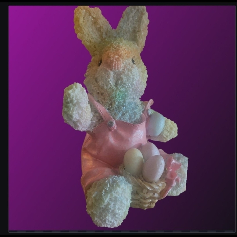 Hand Painted Bunny Figurine Pink Overalls Basket Pastel Eggs Approx 5.5" - Picture 11 of 11